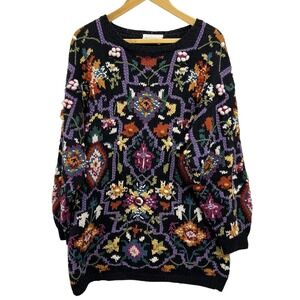 VTG 80s Jennifer Reed Large Cullinane Hand Knitted Sweater All Over Floral‎ Long